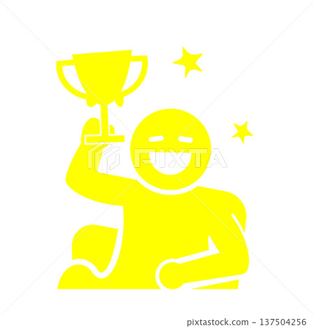 A person icon (yellow) celebrating victory by holding a trophy A person icon (yellow) celebrating victory by holding a trophy 137504256
