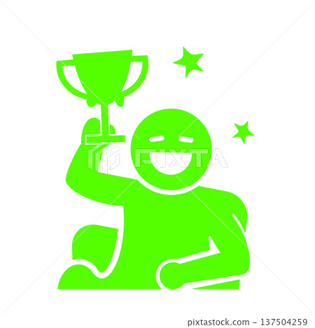 一個綠色人物圖標,手持獎杯慶祝勝利 一個綠色人物圖標,手持獎杯慶祝勝利 137504259