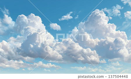 Bright fluffy cumulus clouds in blue sky, sunny summer weather background with dramatic cloudscape and copy space for design and nature concept 137504448
