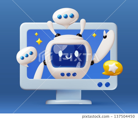 3d cartoon robot helps from monitor. Cute android assistant on computer screen, online AI communication with funny bot interface, digital customer support mascot classy vector concept 137504450