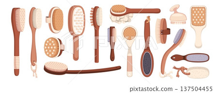 Body scrub brushes. Dry or oil massage wooden accessories, anti cellulite treatment, skin care routine devices, exfoliation process and polishing, assorted tools tidy vector cartoon flat set 137504455