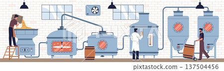 Brewer workers. Guys make craft alcohol, brewery with equipment, production of intoxicating drinks, monitoring fermentation, technologists operations nowaday vector cartoon flat style isolated concept 137504456