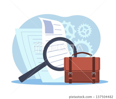 Documentary guide. Business analysis and data processing, detailed review and analysis, audit, compliance and process control in professional finance strategy vector cartoon concept Documentary guide. Business analysis and data processing, detailed review and analysis, audit, compliance and process control in professional finance strategy vector cartoon concept 137504482