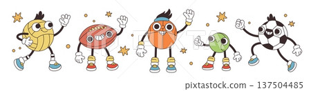 Funny ball mascots. Various sports games, retro cartoon style, groovy characters, soccer, volleyball, rugby and tennis person in active movement, tournament symbol garish vector isolated set Funny ball mascots. Various sports games, retro cartoon style, groovy characters, soccer, volleyball, rugby and tennis person in active movement, tournament symbol garish vector isolated set 137504485