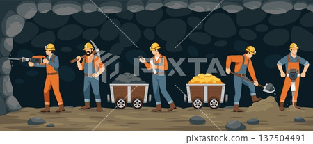 Miner workers characters. People in overalls and hard hats with lanterns explore walls of cave drilling, mining industry extraction and labor process, tidy vector cartoon isolated concept 137504491