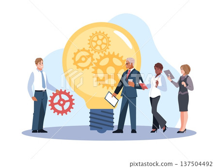 Newcomer to company. Employee proves his professional aptitude before commission, ideas implementation, collaborative innovation, project planning corporate workflow vector cartoon concept 137504492
