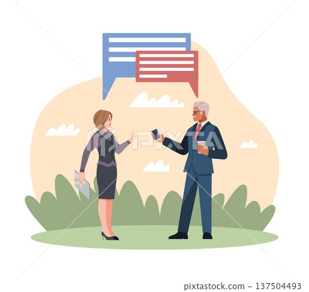Oral communication. Conversation of colleagues, discussion of work tasks, report to boss, business people with chat bubbles, discussion and messaging scene. Vector cartoon isolated concept 137504493