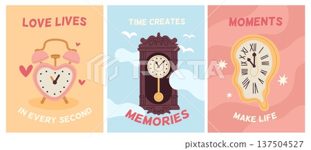 Vintage clocks cards. Retro mechanical watches, roman numerals on dial, wooden carved wall clock case with pendulum, modern retro graphic posters or print garish vector cartoon isolated set Vintage clocks cards. Retro mechanical watches, roman numerals on dial, wooden carved wall clock case with pendulum, modern retro graphic posters or print garish vector cartoon isolated set 137504527