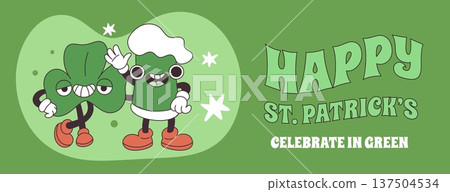 Beer mascots st patrick. Groovy green drink mug, lucky clover, funny smiling faces, cartoon holiday Irish characters, holiday celebration horizontal banner design, garish vector concept Beer mascots st patrick. Groovy green drink mug, lucky clover, funny smiling faces, cartoon holiday Irish characters, holiday celebration horizontal banner design, garish vector concept 137504534
