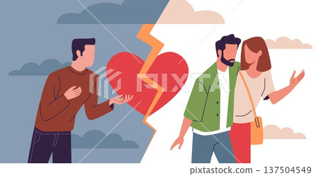 Betrayal of loved one. Fake people, love triangle, broken relationships, negative emotions, choosing new partner, breakup conflict, loneliness man cartoon isolated nowaday vector concept Betrayal of loved one. Fake people, love triangle, broken relationships, negative emotions, choosing new partner, breakup conflict, loneliness man cartoon isolated nowaday vector concept 137504549