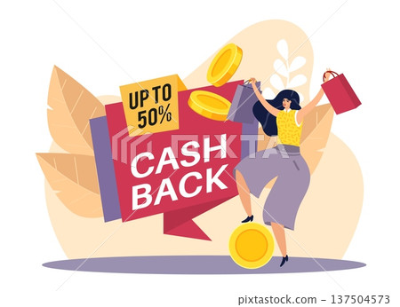 Cash back. Happy woman rejoices at return of percentage for purchase of goods, promotion banner, customer with shopping bags, discount label, rewards program vector cartoon isolated concept Cash back. Happy woman rejoices at return of percentage for purchase of goods, promotion banner, customer with shopping bags, discount label, rewards program vector cartoon isolated concept 137504573