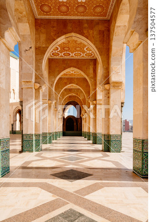 Hassan II Mosque, Casablanca: Grand arches and mosaic columns display Moroccan Islamic art Hassan II Mosque, Casablanca: Grand arches and mosaic columns display Moroccan Islamic art 137504577