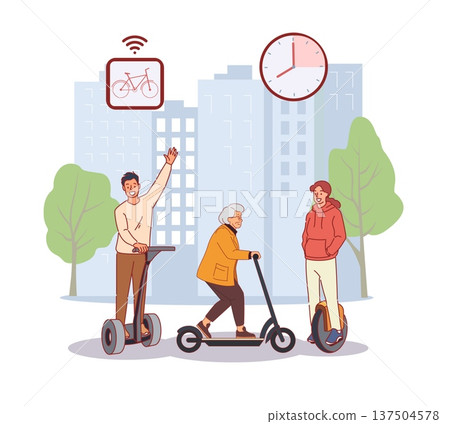 City electric transport. People travel on scooters, unicycles and segways, eco green devices, urban mobility, personal ecological vehicle vector cartoon flat style isolated concept 137504578