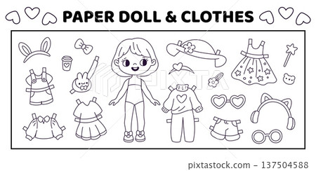 Coloring page with paper doll. Color and dress up girl game, kids fun creativity activity, cute character with different outfits, printable worksheet garish vector cartoon flat isolated set 137504588