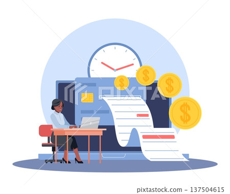 Making payment. Paying from account balance, accountant keeps records of income, finance operations, worker at laptop reviews credit card bill, money management vector cartoon flat concept Making payment. Paying from account balance, accountant keeps records of income, finance operations, worker at laptop reviews credit card bill, money management vector cartoon flat concept 137504615