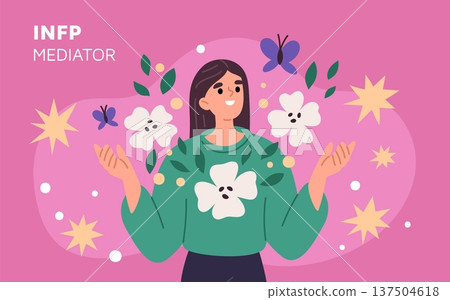 Mbti personality type. Female character with introverted, intuitive feeling, prospecting traits, calm mediator person, harmony and emotional support garish vector cartoon isolated concept 137504618