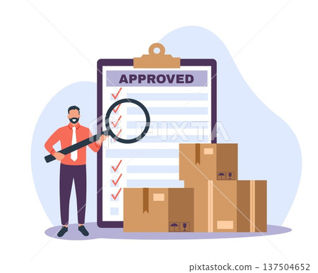 Product quality control. Safety standard check, ticked list, male worker inspects approved document with magnifier, logistics verification, distribution vector cartoon isolated concept Product quality control. Safety standard check, ticked list, male worker inspects approved document with magnifier, logistics verification, distribution vector cartoon isolated concept 137504652