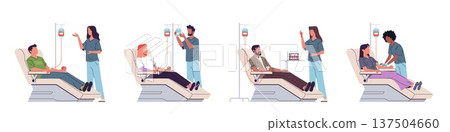 Volunteers donating blood. People helping victims, donors with medical staff, nurses monitoring, transfusion station, blood bank resources, healthcare nowaday vector cartoon flat set 137504660