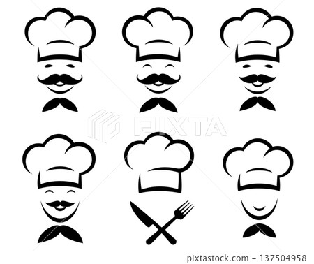 Smiling cooking chef with mustache, food icons set with utensil, fork and knife Smiling cooking chef with mustache, food icons set with utensil, fork and knife 137504958