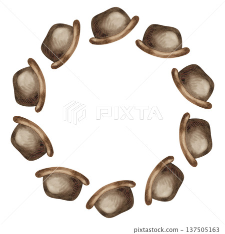 Round frame with a bowler hat. Hand drawn watercolor illustration of the headdress. 137505163