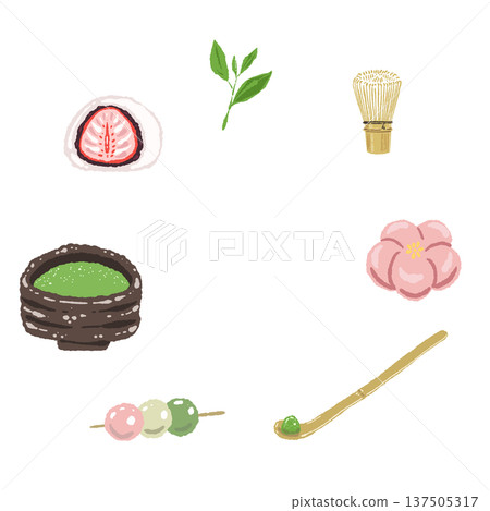 抹茶和日式點心（團子和大福）圓形花環框架 137505317