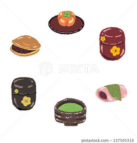 抹茶、烤點心(銅鑼燒)和茶道用具花環材料 抹茶、烤點心(銅鑼燒)和茶道用具花環材料 137505318