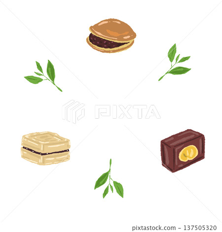 Circular wreath materials made of baked sweets (monaka and yokan) and tea leaves Circular wreath materials made of baked sweets (monaka and yokan) and tea leaves 137505320