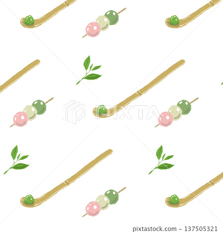 Japanese-style pattern with tea scoops and three-colored dumplings arranged diagonally Japanese-style pattern with tea scoops and three-colored dumplings arranged diagonally 137505321