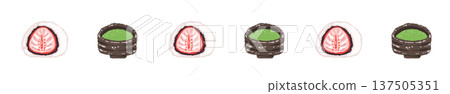 Strawberry Daifuku and Matcha arranged alternately in red, white and green lines Strawberry Daifuku and Matcha arranged alternately in red, white and green lines 137505351