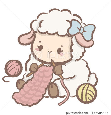 Kawaii lamb knitting with yarn cozy cottagecore sheep illustration cute farm animal craft aesthetic clipart for nursery art stickers planners and cozy hobby themes 137505363