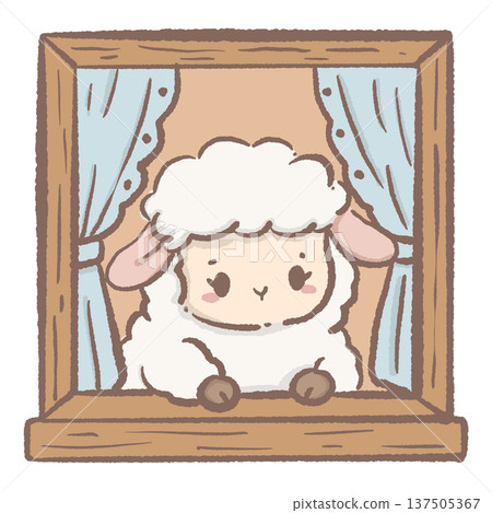 Kawaii lamb sitting at window cute cottagecore sheep home illustration cozy farm animal character for nursery decor stickers planners and storybook themed designs 137505367