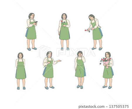 Florist woman character poses working in flower shop Florist woman character poses working in flower shop 137505375