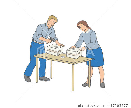 Warehouse workers scanning parcel and labeling package Warehouse workers scanning parcel and labeling package 137505377