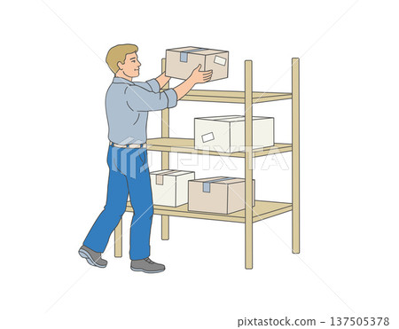 Warehouse employee placing cardboard boxes on storage shelf 137505378