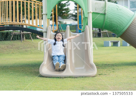 Joyful child sliding down a playground slide with excitement, capturing the essence of childhood fun, freedom, and outdoor play in a serene park setting Joyful child sliding down a playground slide with excitement, capturing the essence of childhood fun, freedom, and outdoor play in a serene park setting 137505533