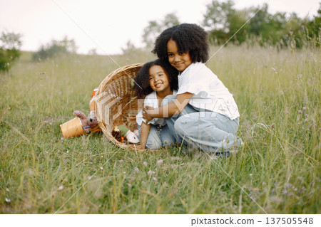 Two baby girls in wicker basket with toys in sunlight in summer time. Happy children in field on nature on a grass. African girls with black curly hair. Two baby girls in wicker basket with toys in sunlight in summer time. Happy children in field on nature on a grass. African girls with black curly hair. 137505548