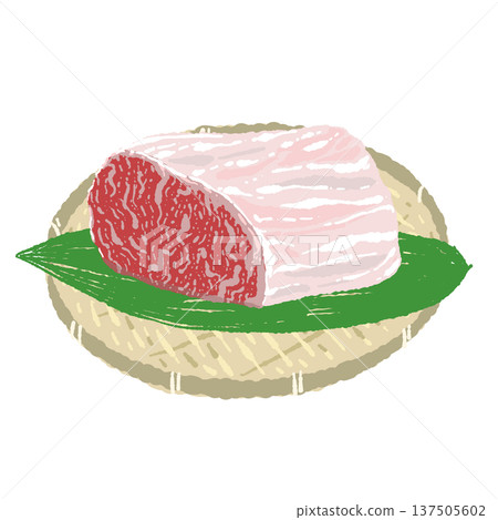 Illustration of Wagyu beef block meat and a round bamboo colander 137505602