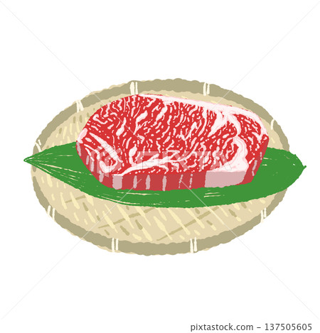 Illustration of marbled Wagyu beef steak and a round bamboo colander 137505605