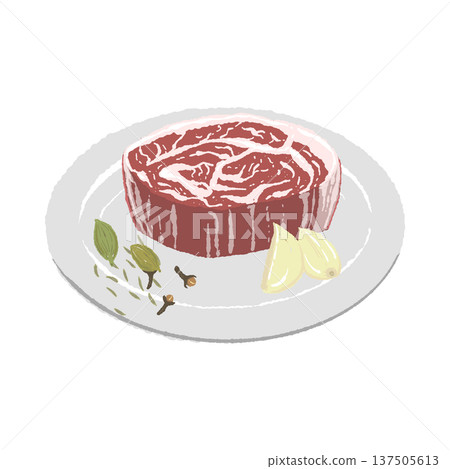 Illustration of Wagyu beef steak and white round plate (with condiments) 137505613