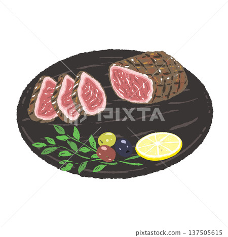 Sliced Wagyu beef and black round plate illustration Sliced Wagyu beef and black round plate illustration 137505615
