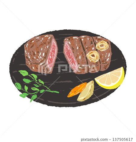 烤牛排切片和黑色圓盤的插圖 137505617