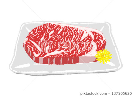Marbled Wagyu beef steak and white square plate illustration Marbled Wagyu beef steak and white square plate illustration 137505620