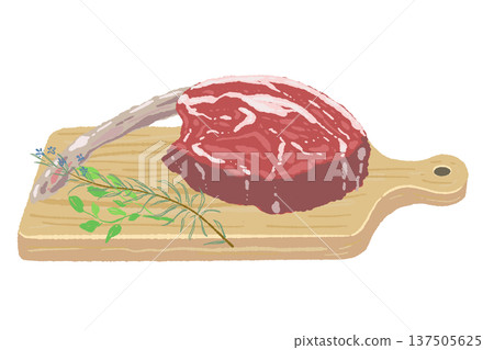 Raw tomahawk steak and cutting board arrangement illustration Raw tomahawk steak and cutting board arrangement illustration 137505625