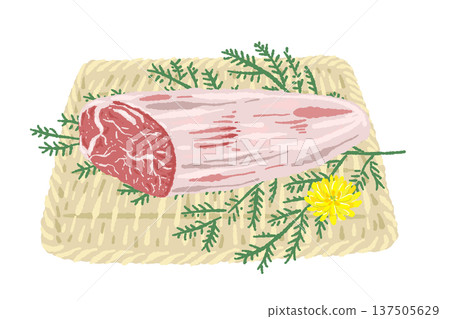 Illustration of Wagyu beef block meat and a square bamboo colander 137505629