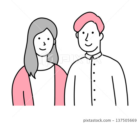 手繪插圖,描繪了一對年輕男女。畫面展現了一對戀人或已婚夫婦的形象。男女穿著休閒時尚,並肩而立。 手繪插圖,描繪了一對年輕男女。畫面展現了一對戀人或已婚夫婦的形象。男女穿著休閒時尚,並肩而立。 137505669