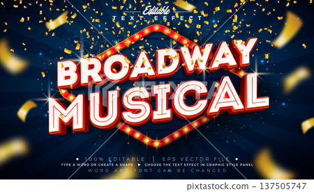 Broadway Musical Text Effect Design Editable Vector Graphic Style Effect with Light Bulb Frame Billboard and 3d Typography Lettering on Falling Gold Confetti Background. Premium Luxury Casino, Night 137505747