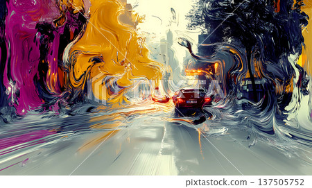 Abstract city street with a car and liquid paint distortion. Surreal urban landscape with pink and yellow swirls. Concept of city energy, motion blur. This is AI-generated item. 137505752