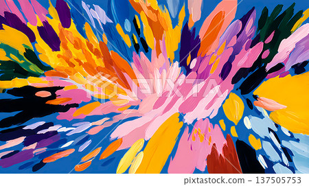 Vibrant abstract painting with expressive multi-colored brushstrokes. Explosive splash of pink, blue, and yellow. Modern artistic background for design. This is AI-generated item. 137505753