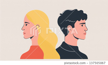 Man and a woman in a quarrel. Spouses stand back to back, disagreement, relationship troubles. Concept of divorce, misunderstanding in family. Man and a woman in a quarrel. Spouses stand back to back, disagreement, relationship troubles. Concept of divorce, misunderstanding in family. 137505867