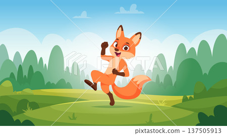 Cartoon fox. Background template with cute fox playing outdoor exact vector wild animal picture Cartoon fox. Background template with cute fox playing outdoor exact vector wild animal picture 137505913